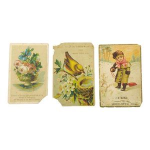 Victorian 3 Trade Cards Floral Bouquet Bird Nest Child With Sled Advertisement